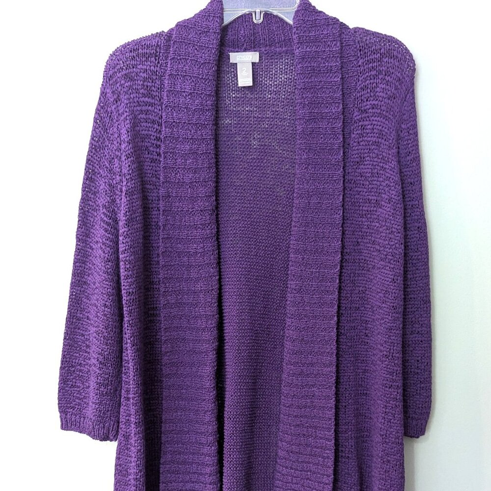 Chico's Women's Purple Open Knit 3/4 Sleeve Sweater. Size 2 (L/XL)